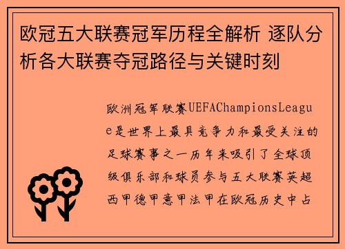 欧冠五大联赛冠军历程全解析 逐队分析各大联赛夺冠路径与关键时刻